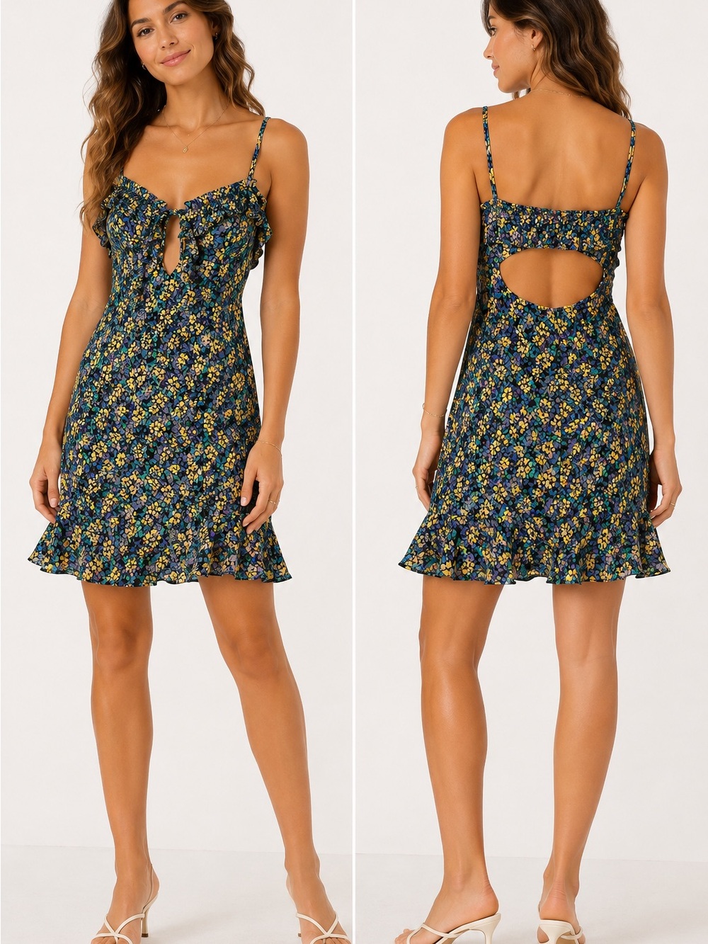 Lush NWOT Floral Cutout Back Mini Dress Blue Yellow Floral Tie Front Size Small